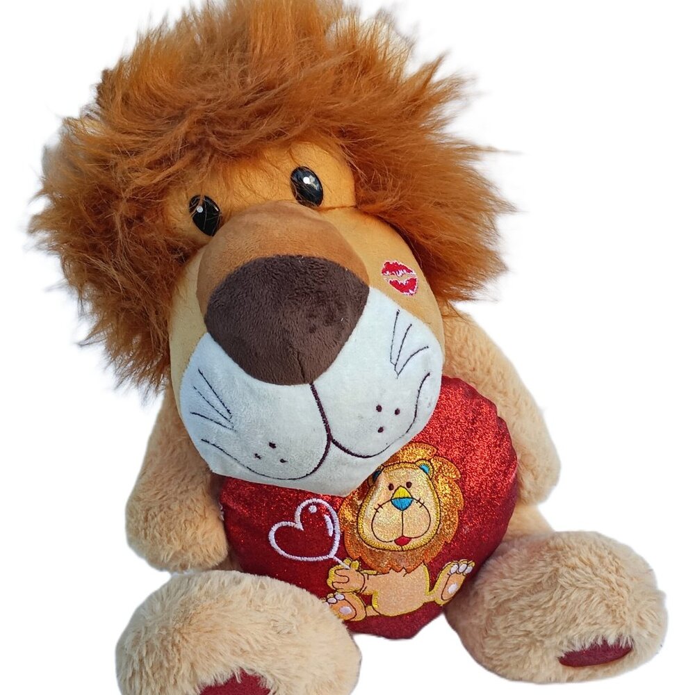 Valentine Lion Plush 13" Light Brown Holding Red Heart Embroidery Kiss On Cheek